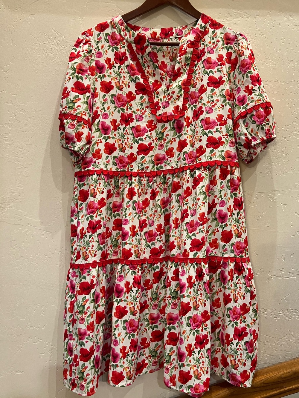 Girls' White Dress with Red & Pink Floral Print